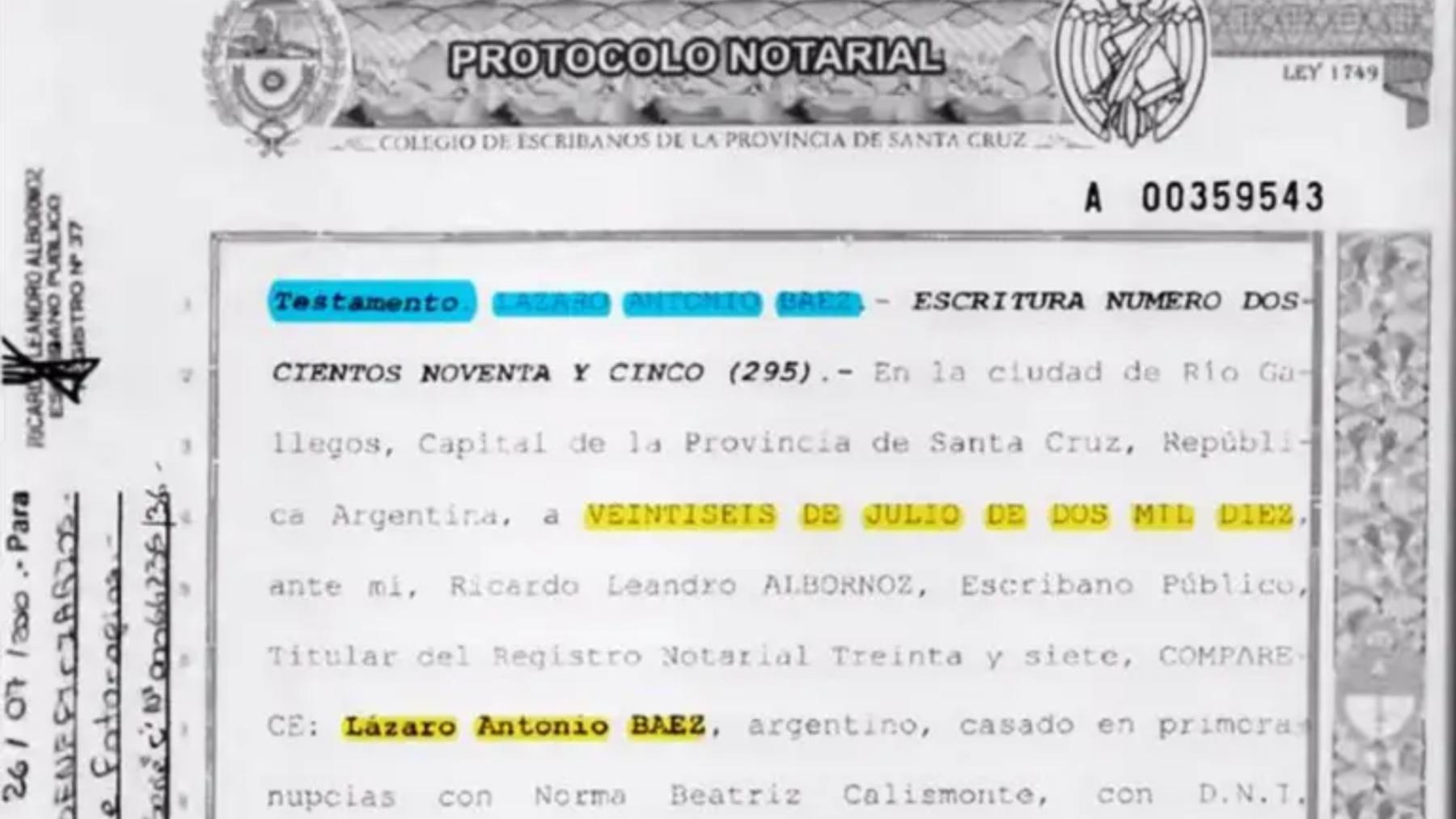 Fue encontrado en allanamientos en 2017, establecía que los herederos de Lázaro Báez no podrían disponer de los bienes de herencia por 30 años a partir de su fallecimiento, si sucediera.