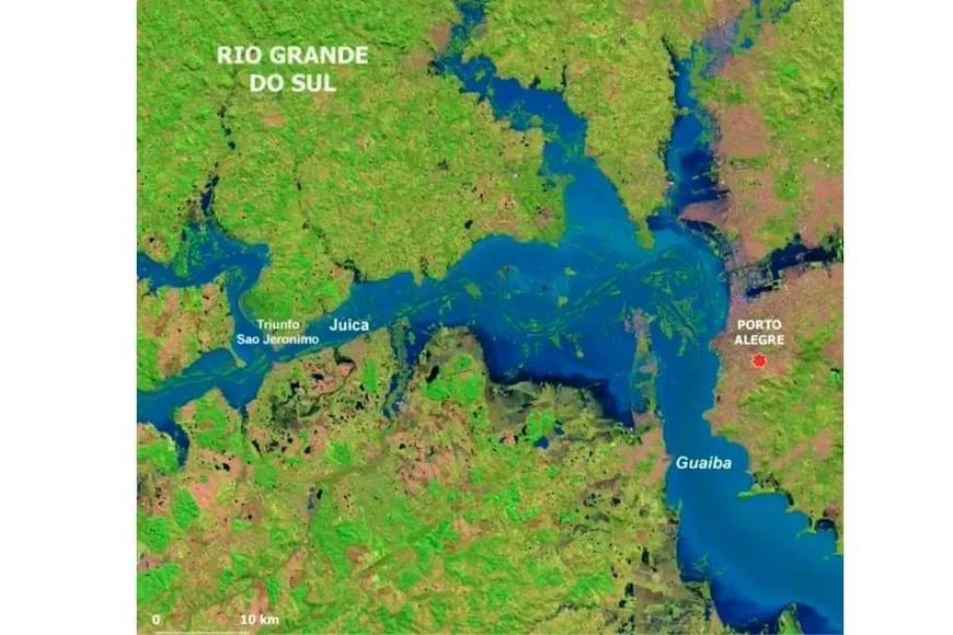 Vista satelital de Río Gran do Sul, tras el avance del agua. Foto: Gentileza Metsul
